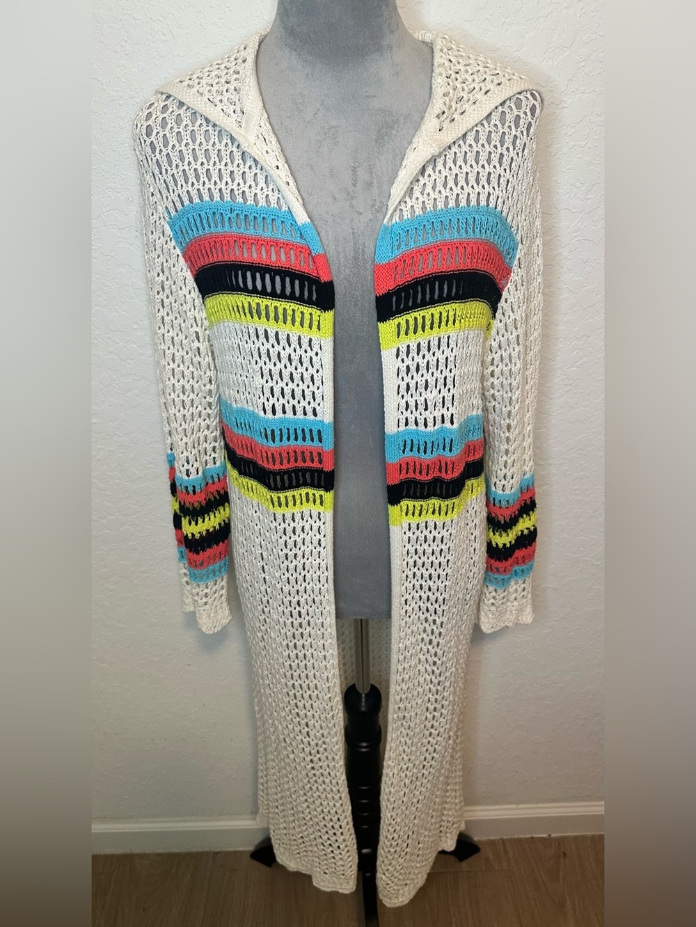 Scoop Crochet Hooded Duster Cardigan Cover Up Open Knit Striped Boho XS